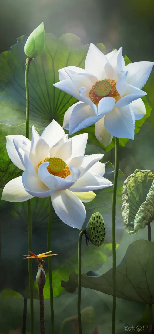白荷花手机壁纸｜荷塘清新背景图片 - 白莲花莲蓬荷叶自然景致「哲风壁纸」