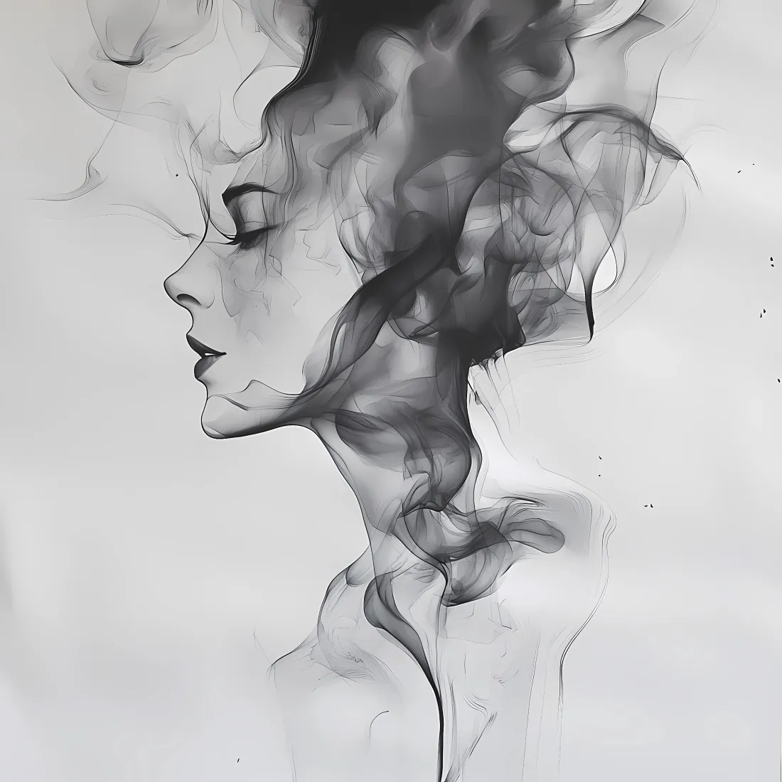 烟雾女性侧影手机壁纸｜抽象艺术背景图片 - 黑白水墨风格「哲风壁纸」