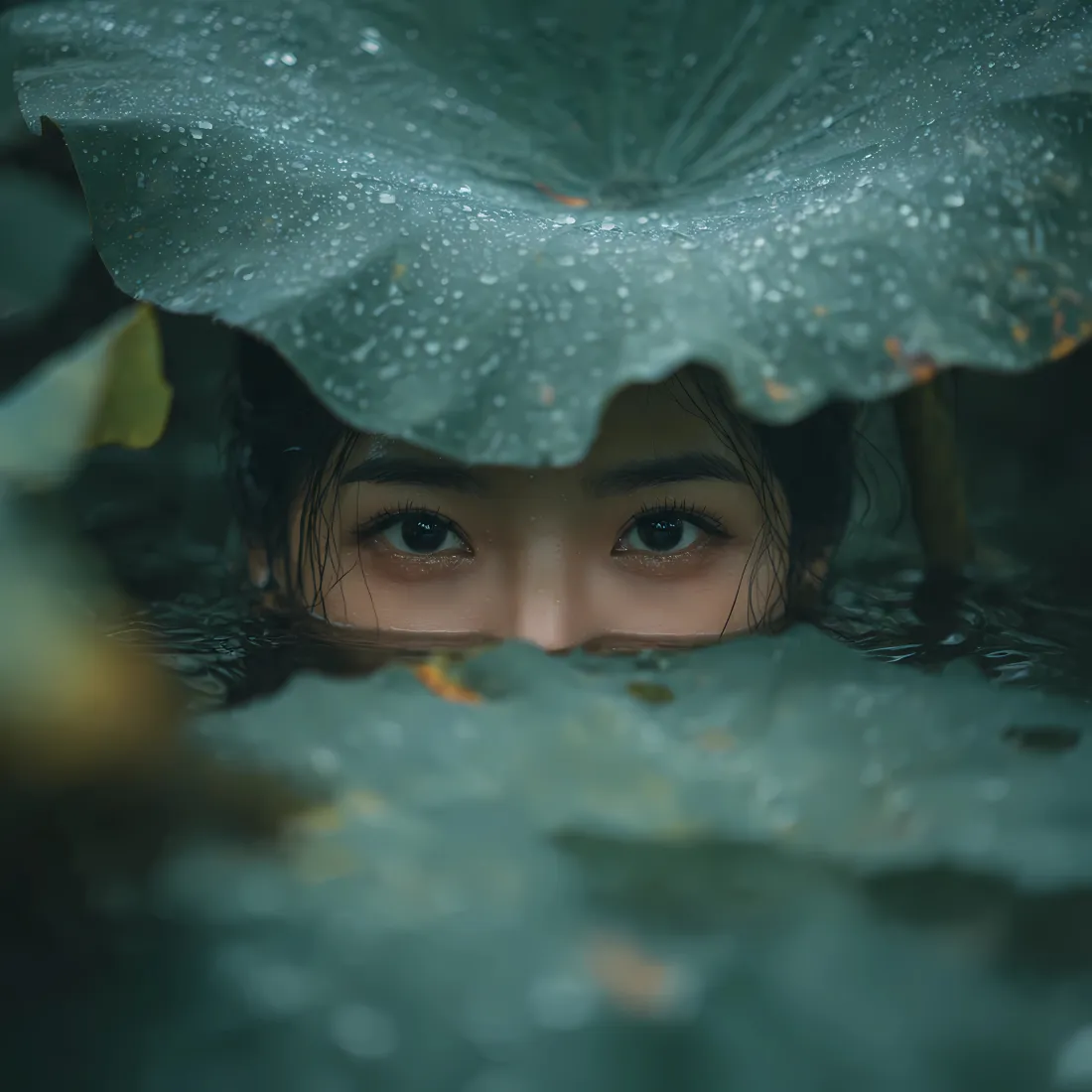 女孩手机壁纸｜荷叶遮眼背景图片 - 水中氛围感少女「哲风壁纸」