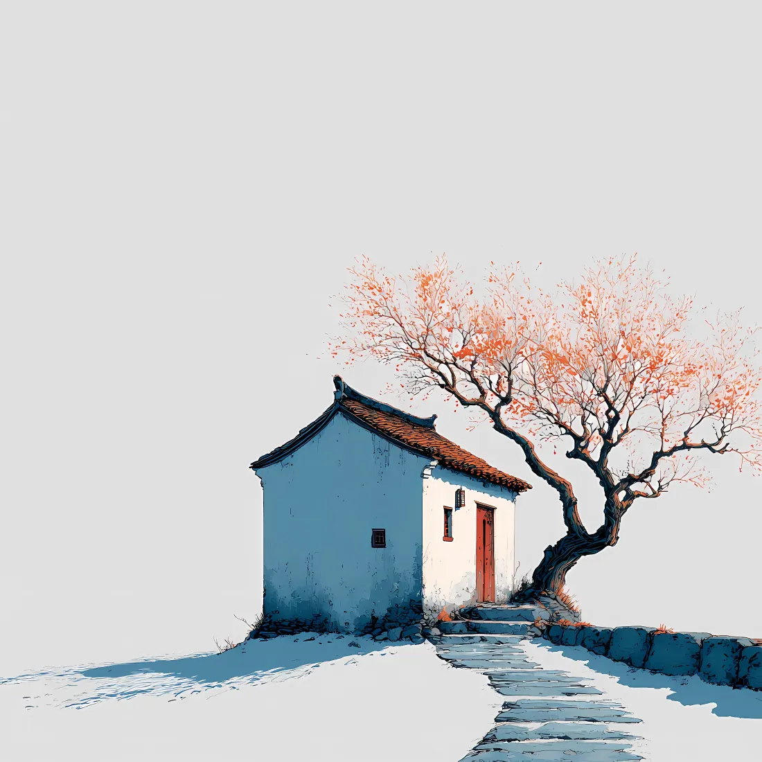 中式小屋手机壁纸｜秋树石板路背景图片 - 简约国风意境「哲风壁纸」