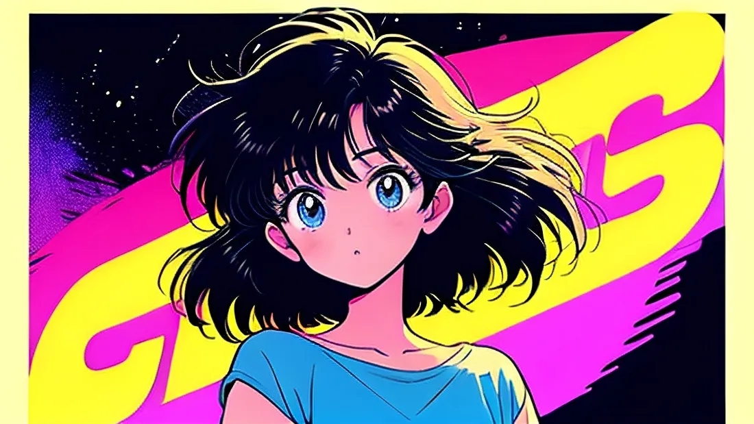 3kCity Pop漫画美少女壁纸｜复古霓虹背景图片 - 蓝T恤短发少女「哲风壁纸」
