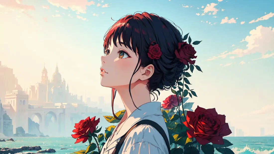 4k动漫少女壁纸｜海边城堡背景图片 - 红玫瑰盘发仰望晴空「哲风壁纸」