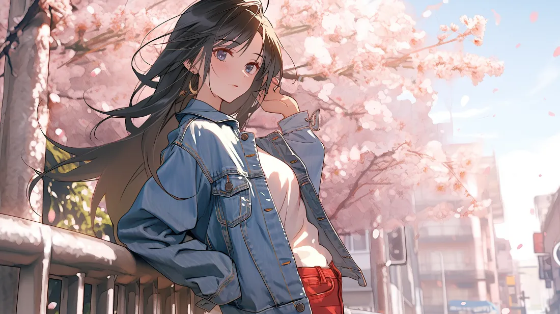 4k二次元少女壁纸｜樱花街道背景图片 - 牛仔外套黑长发「哲风壁纸」