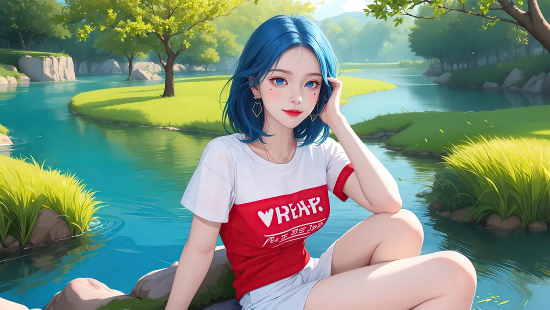 4k蓝发少女壁纸｜河畔草地背景图片 - 休闲夏日穿搭「哲风壁纸」