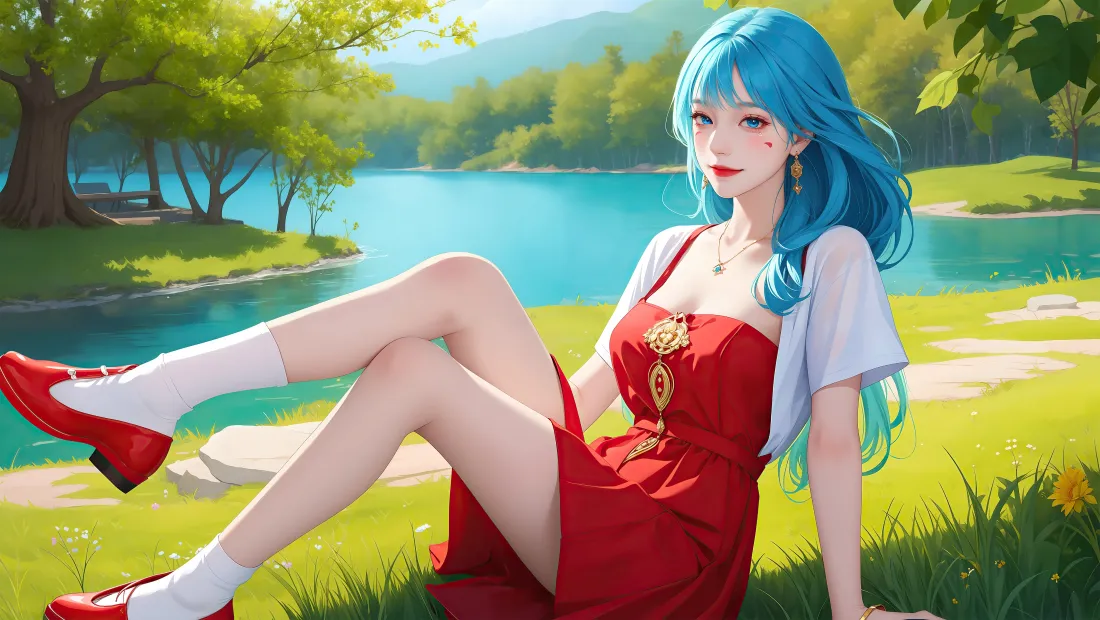 4k蓝发红裙少女壁纸｜湖边草地背景图片 - 清新治愈二次元插画「哲风壁纸」