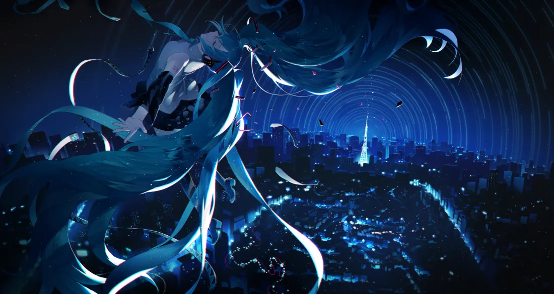 4k初音未来壁纸｜城市夜景背景图片 - 蓝发二次元少女「哲风壁纸」