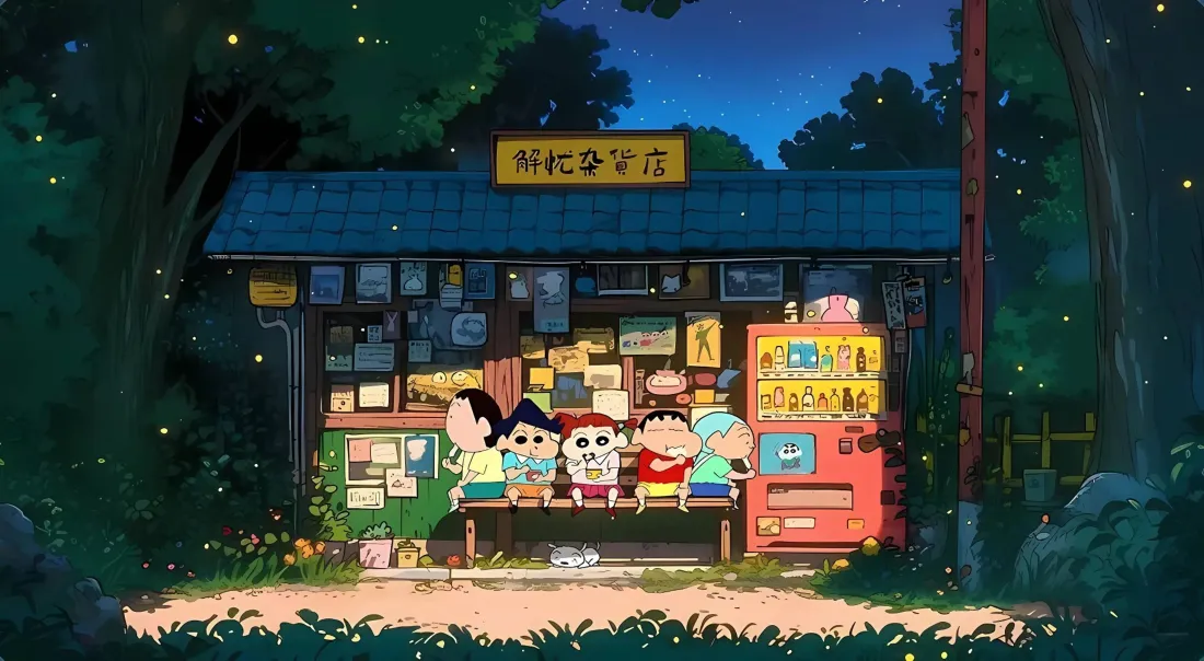 3k蜡笔小新壁纸｜夜晚杂货店背景图片 - 伙伴乘凉治愈场景「哲风壁纸」