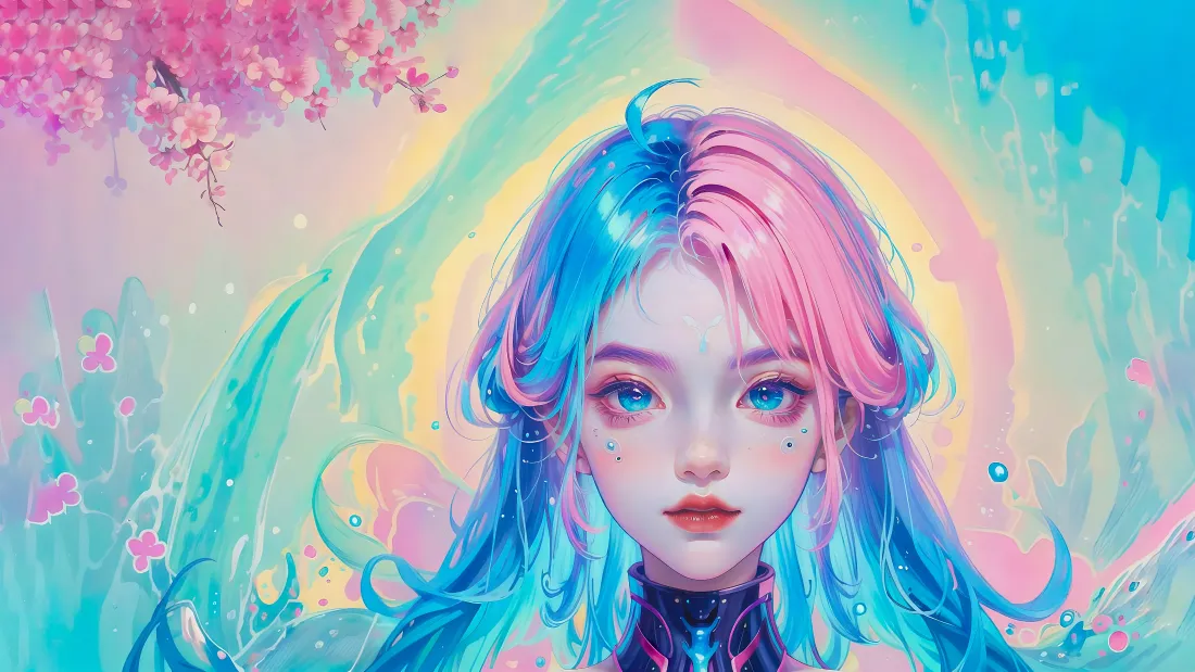 4k蓝粉发少女壁纸｜樱花梦幻背景图片 - 二次元插画「哲风壁纸」