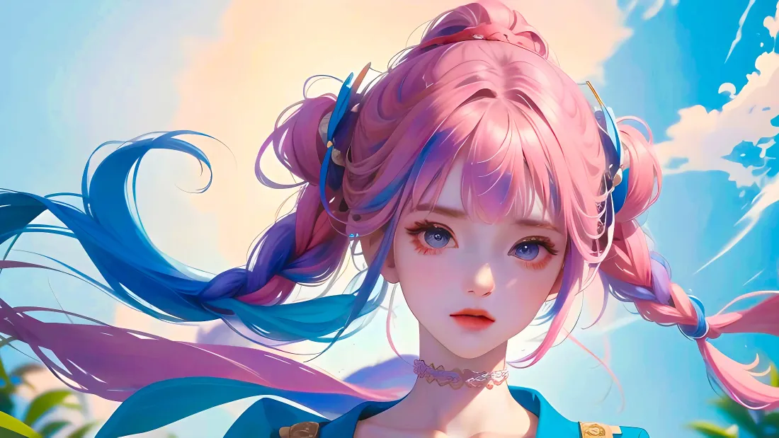4k粉蓝双马尾少女壁纸｜蓝天背景图片 - 二次元插画「哲风壁纸」
