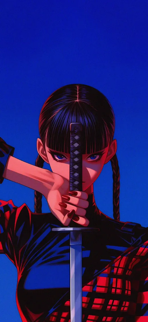 持刀少女手机壁纸｜蓝色背景图片 - 双马尾酷飒女武士「哲风壁纸」