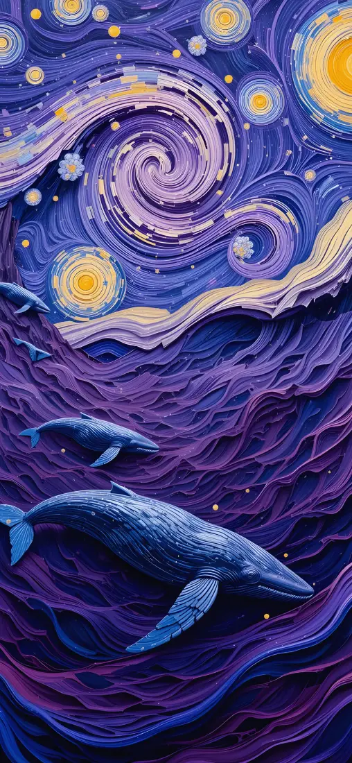 梵高风星空鲸鱼｜厚涂油画背景图片 - 梦幻紫蓝星河「哲风壁纸」