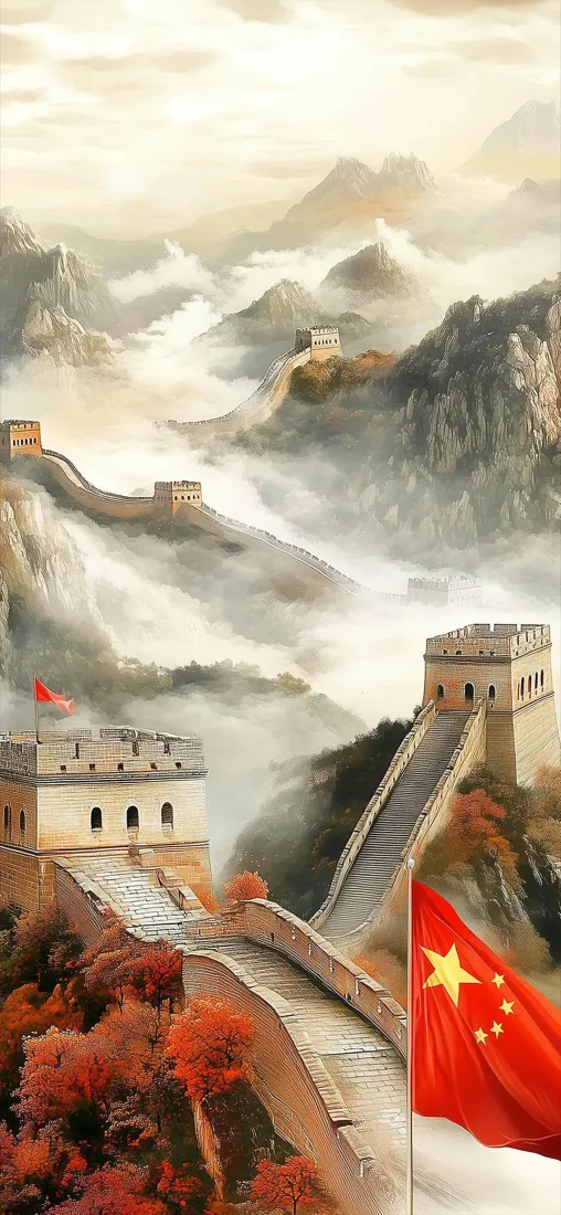 长城｜红色国风背景图片 - 红旗山峦云海秋景「哲风壁纸」