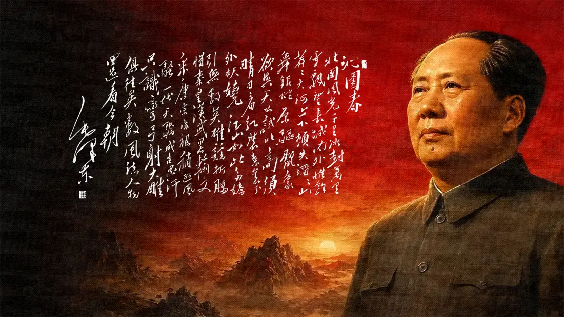 6k毛泽东｜沁园春雪书法背景图片 - 日出山河红色主题「哲风壁纸」
