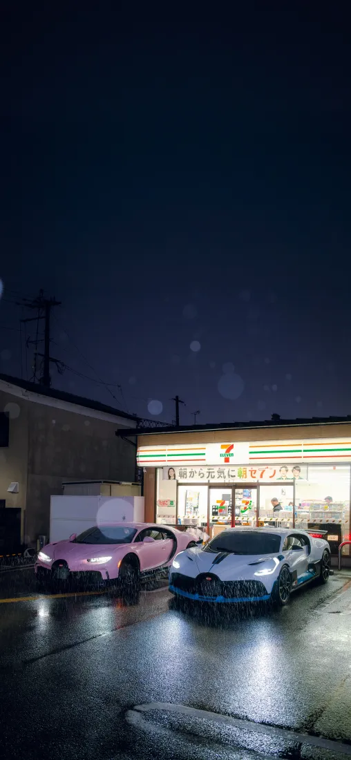 布加迪超跑手机壁纸｜711便利店雨夜背景图片 - 粉白豪车街景「哲风壁纸」