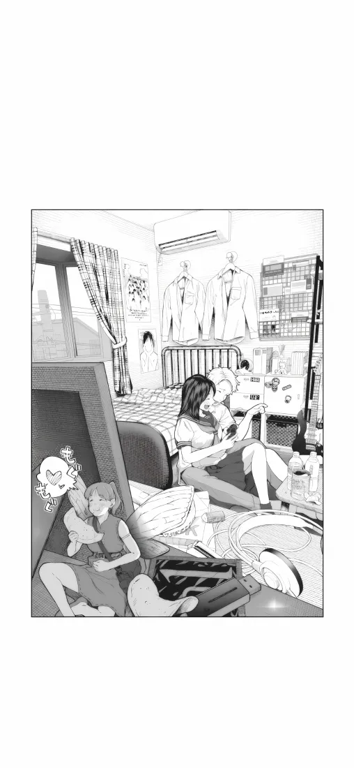 少女卧室手机壁纸｜黑白插画背景图片 - 玩偶散落居家场景「哲风壁纸」