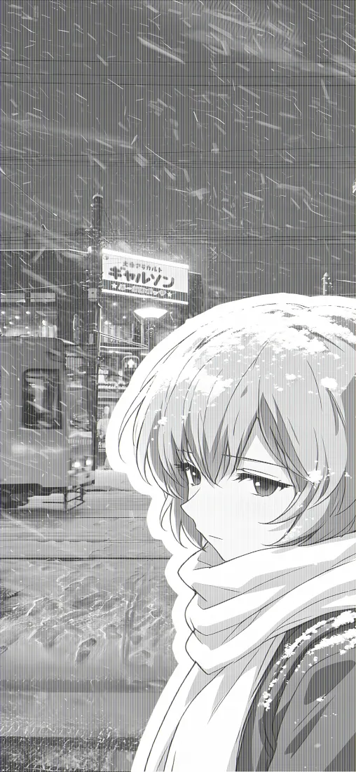 绫波丽手机壁纸｜黑白街景背景图片 - 冬日围围巾短发少女「哲风壁纸」