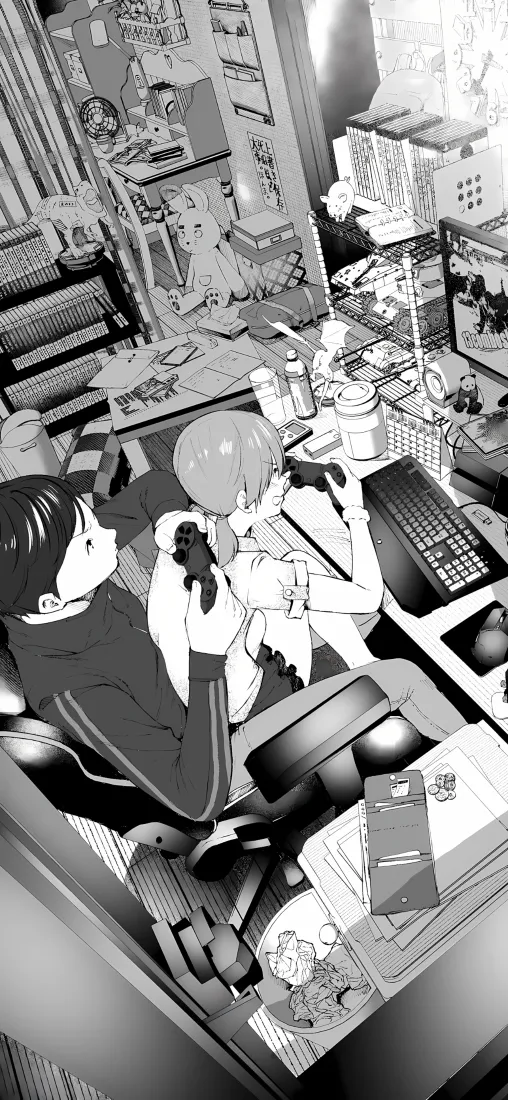 黑白少女｜卧室背景图片 - 键盘书桌房间插画「哲风壁纸」