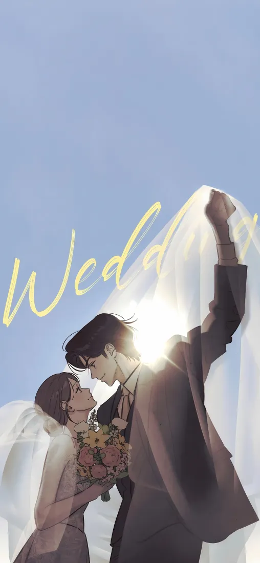 情侣婚礼插画手机壁纸｜蓝天背景图片 - 头纱手捧花浪漫「哲风壁纸」