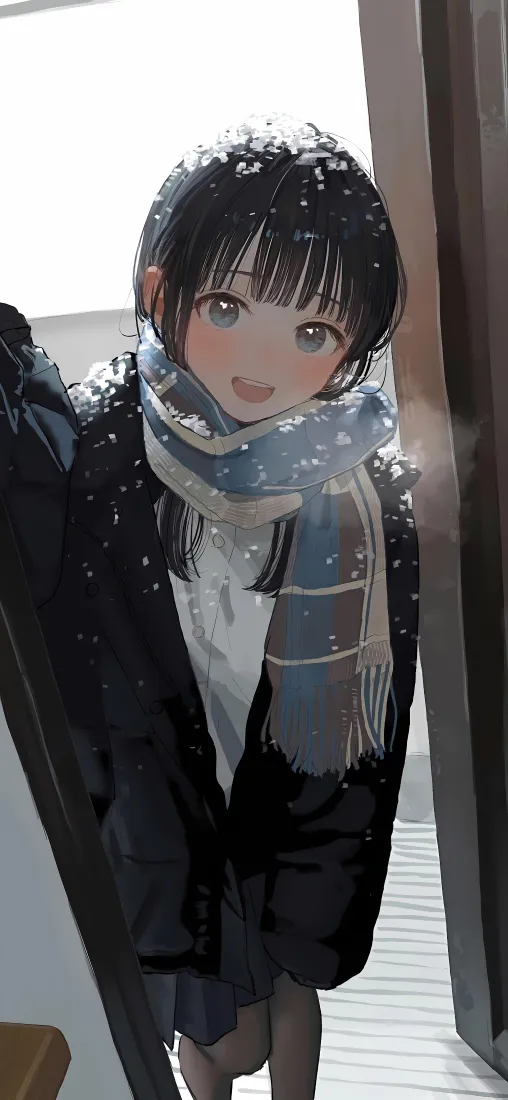 日系少女手机壁纸｜冬日雪景背景图片 - 落雪围巾黑长直少女「哲风壁纸」