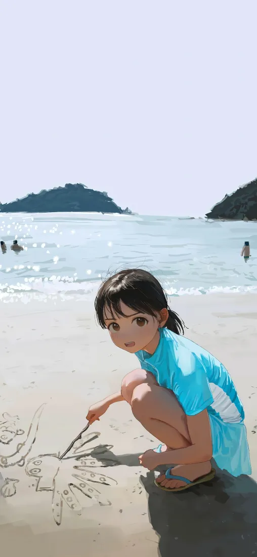 日系少女沙滩画手机壁纸｜夏日海边背景图片 - 治愈系插画「哲风壁纸」