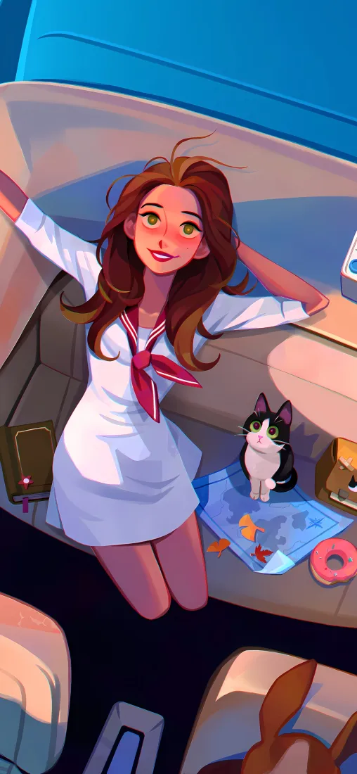 车内卷发女孩手机壁纸｜美式插画背景图片 - 猫咪休闲氛围「哲风壁纸」