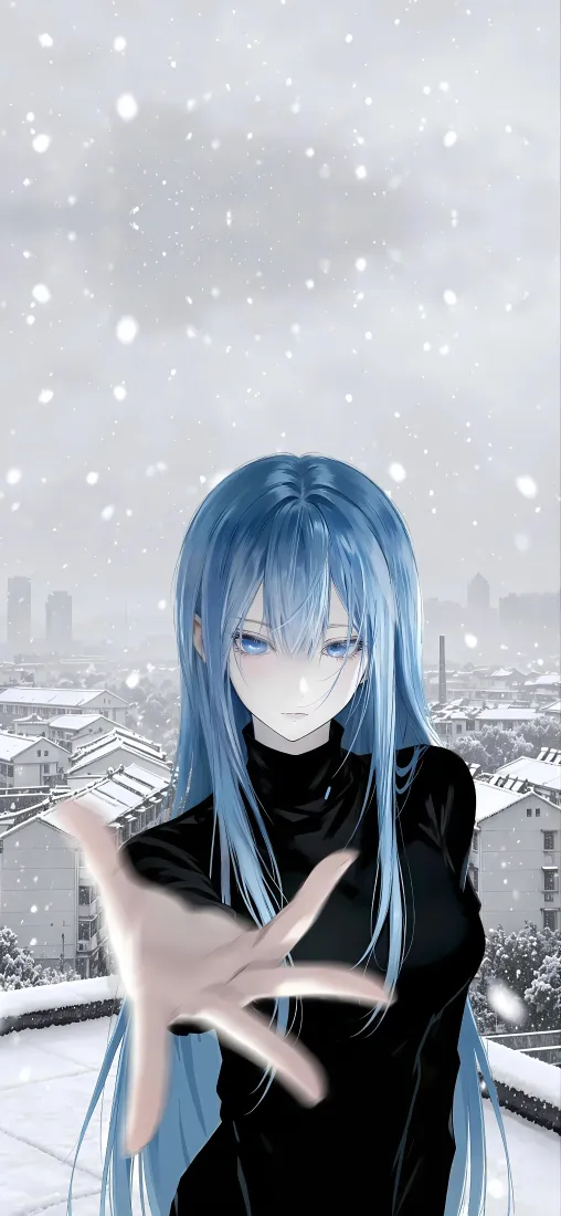 蓝发动漫少女手机壁纸｜雪景背景图片 - 黑高领伸手「哲风壁纸」