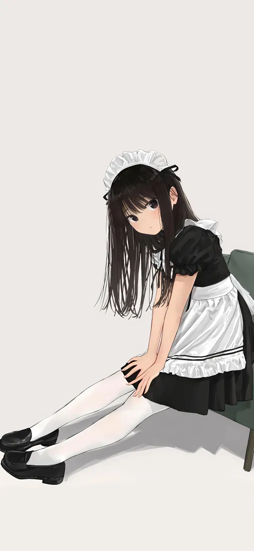 女仆少女手机壁纸｜简约背景图片 - 黑长直白丝坐姿插画「哲风壁纸」
