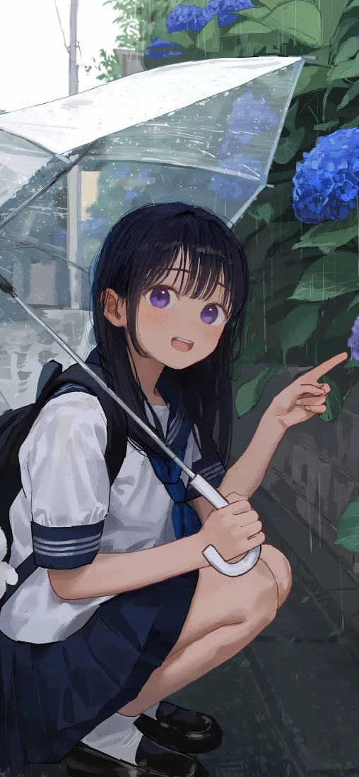 JK少女插画｜雨天绣球花背景图片 - 水手服撑伞蹲姿少女「哲风壁纸」