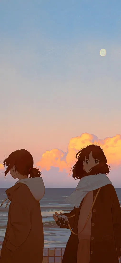少女手机壁纸｜海边黄昏背景图片 - 冬日围脖相伴看海「哲风壁纸」