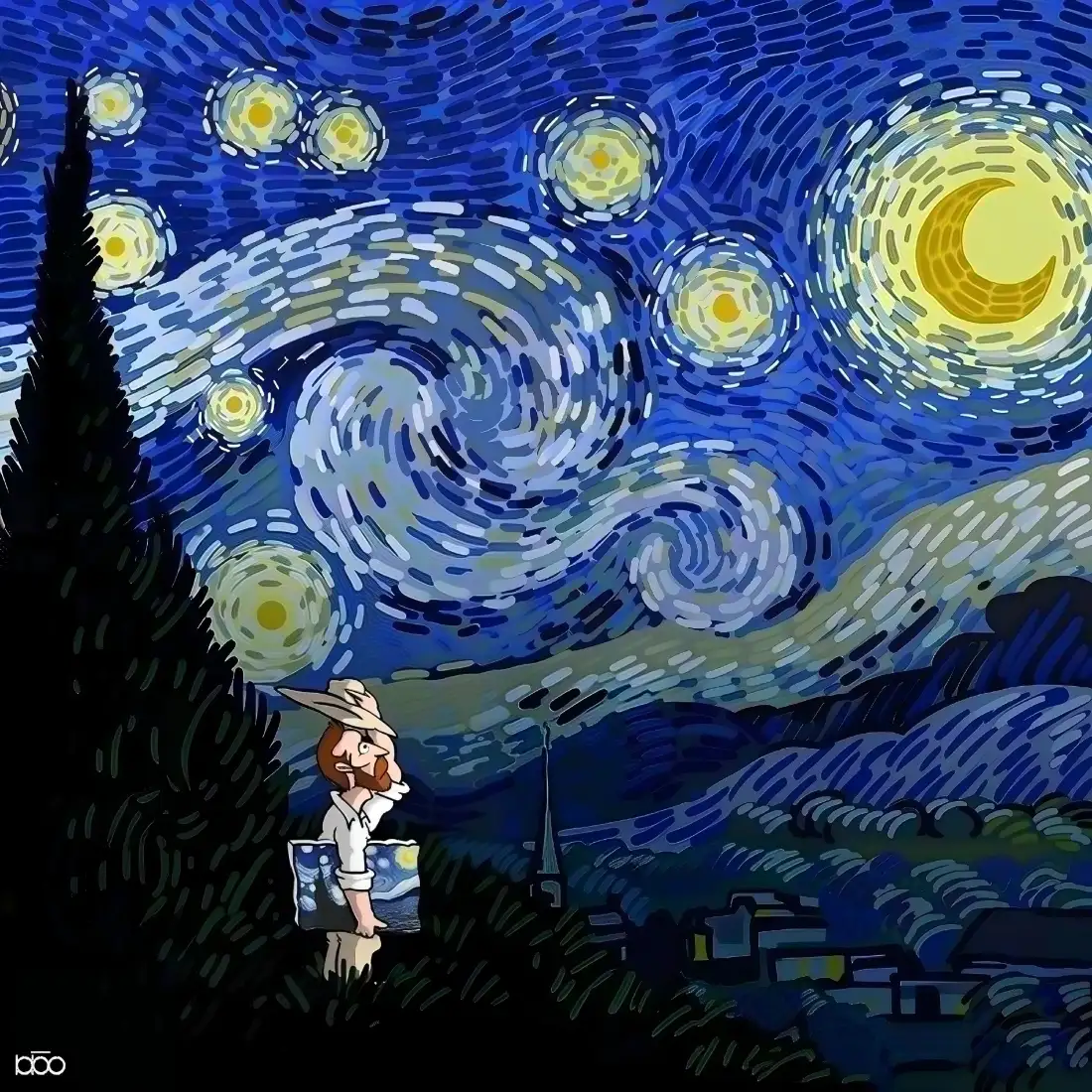 梵高星月夜手机壁纸｜创意绘画背景图片 - 星空柏树艺术插画「哲风壁纸」