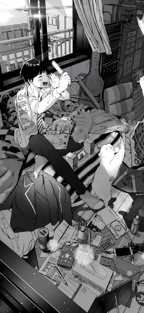 少年打闹手机壁纸｜杂乱卧室背景图片 - 黑白日系漫画风「哲风壁纸」