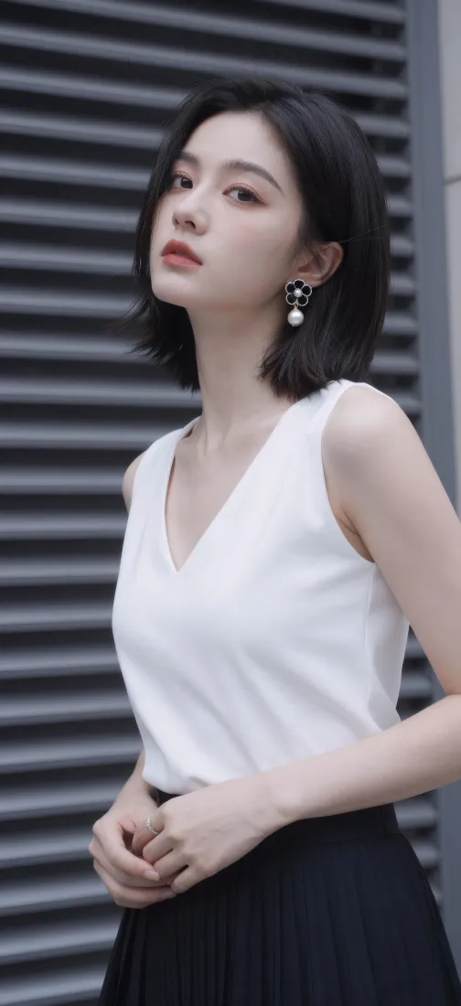 清冷短发美女手机壁纸｜白V领黑裙背景图片 - 简约时尚「哲风壁纸」