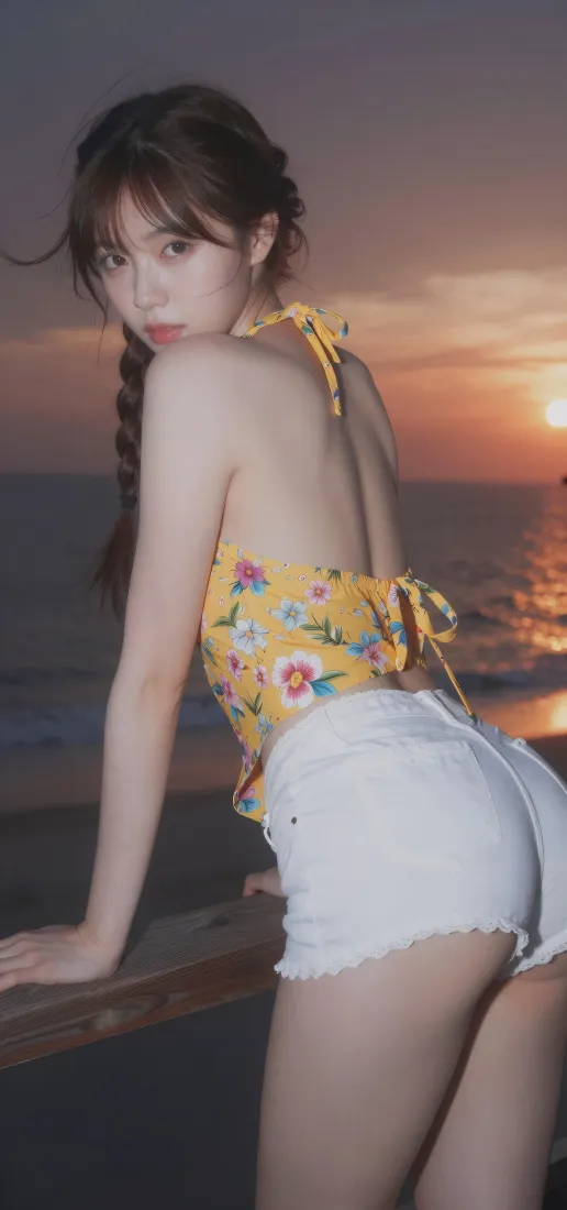 海边美女手机壁纸｜日落背景图片 - 碎花挂脖穿搭「哲风壁纸」
