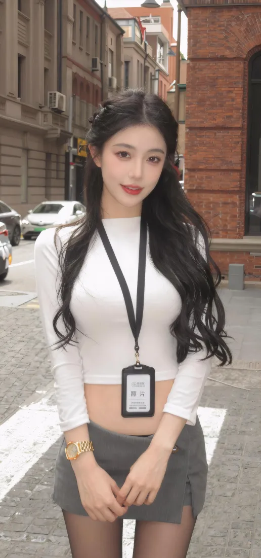 白上衣灰裙美女手机壁纸｜街拍背景图片 - 黑丝长卷发通勤风「哲风壁纸」