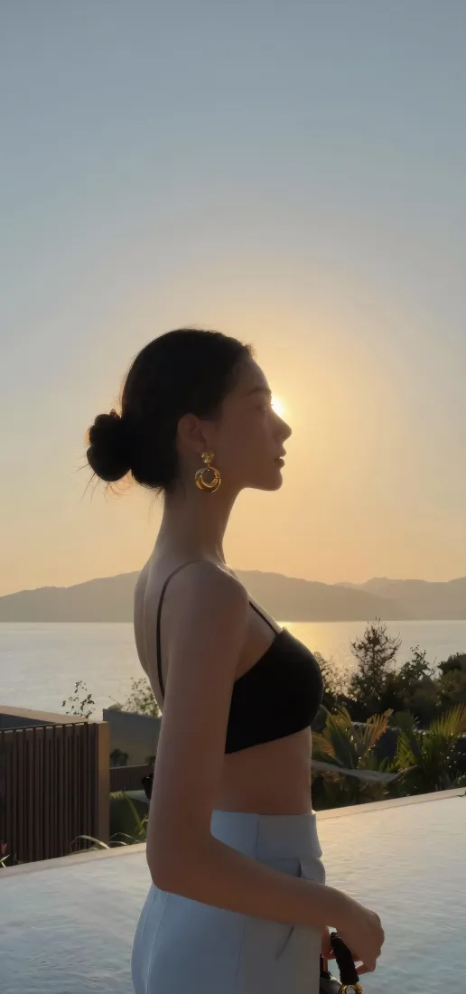 美女侧影手机壁纸｜日落湖畔背景图片 - 丸子头穿搭氛围感「哲风壁纸」
