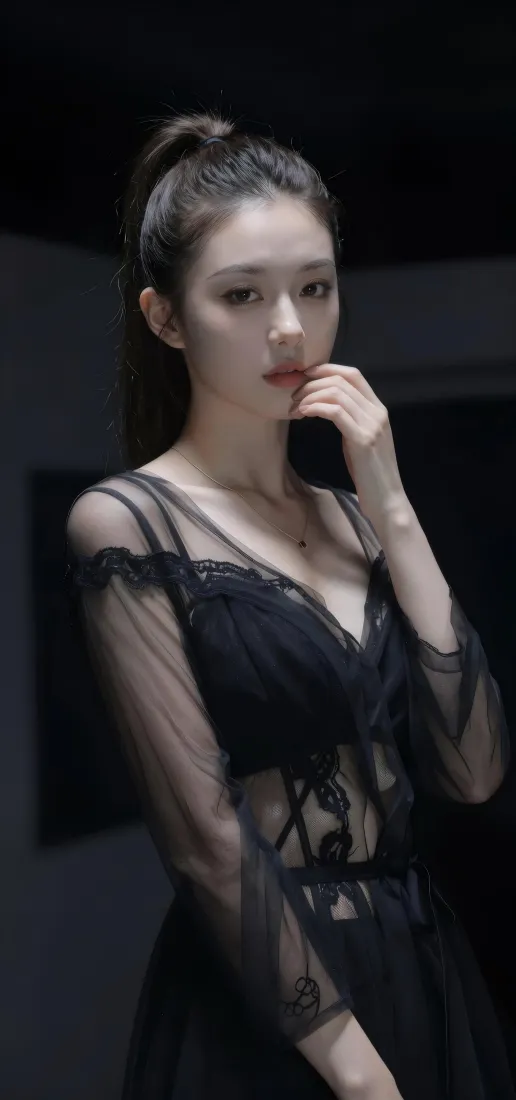黑纱裙美女手机壁纸｜暗调背景图片 - 高马尾托腮造型「哲风壁纸」
