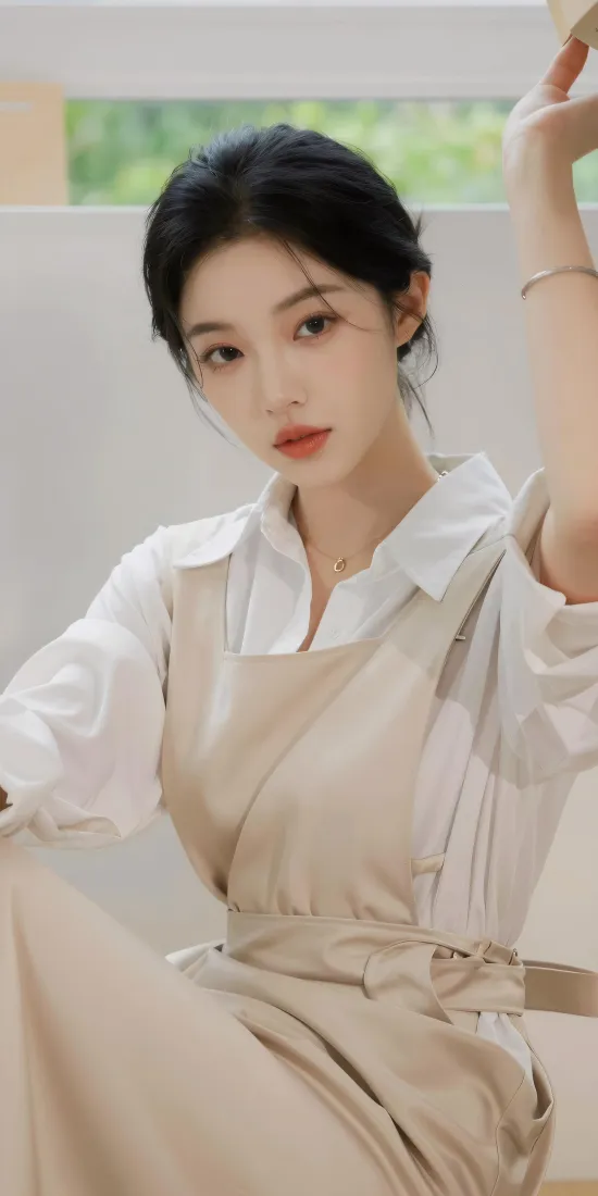气质美女手机壁纸｜白衬衫背带裙背景图片 - 温柔氛围感「哲风壁纸」