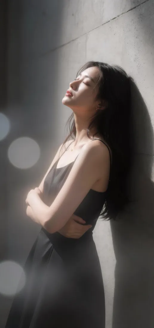 氛围感美女手机壁纸｜光影背景图片 - 吊带长发闭眼女性「哲风壁纸」