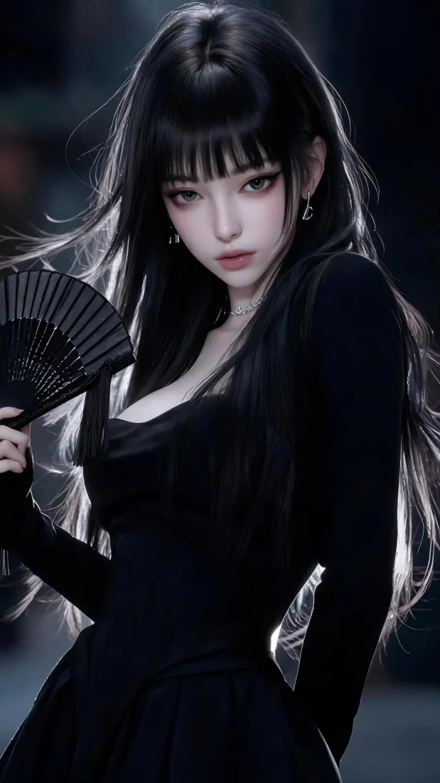 黑衣御姐手机壁纸｜冷艳二次元背景图片 - 黑长直折扇美女「哲风壁纸」