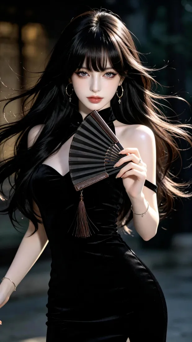 黑旗袍美女手机壁纸｜国风插画背景图片 - 持折扇长发氛围感「哲风壁纸」