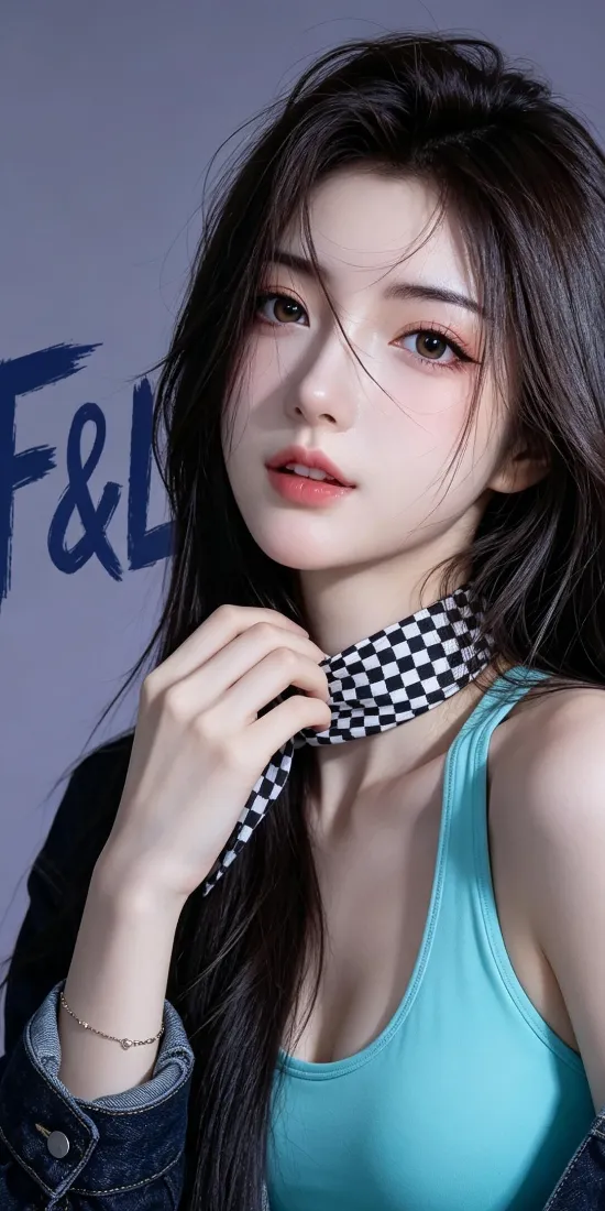 御姐美女手机壁纸｜蓝吊带背景图片 - 牛仔外套「哲风壁纸」
