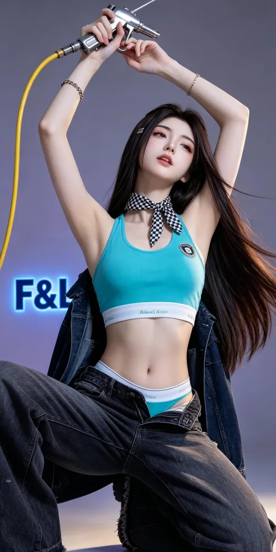 酷飒运动风美女手机壁纸｜青蓝色运动背心背景图片 - 黑长直辣妹穿搭「哲风壁纸」