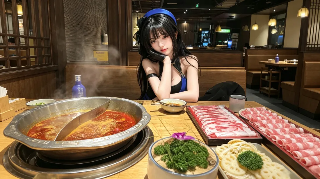 3k蓝发箍美女｜火锅店吃火锅背景图片 - 美食聚餐氛围感「哲风壁纸」