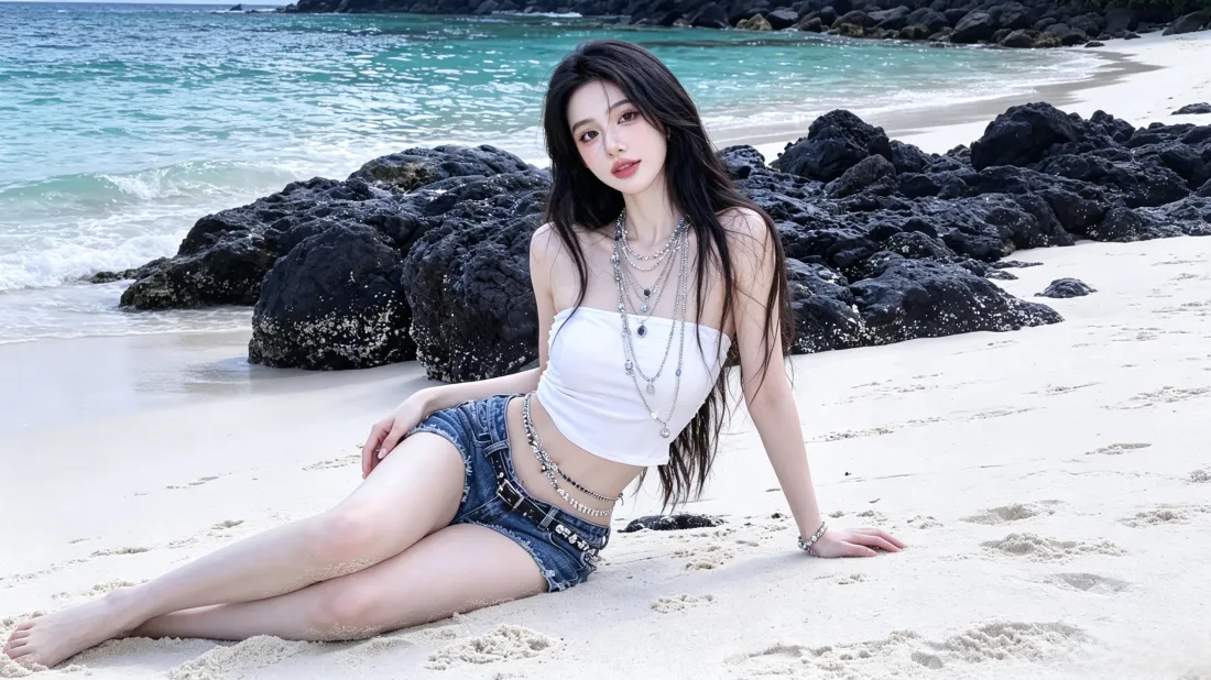 3k海边美女壁纸｜白沙滩背景图片 - 白抹胸牛仔短裤辣妹写真「哲风壁纸」