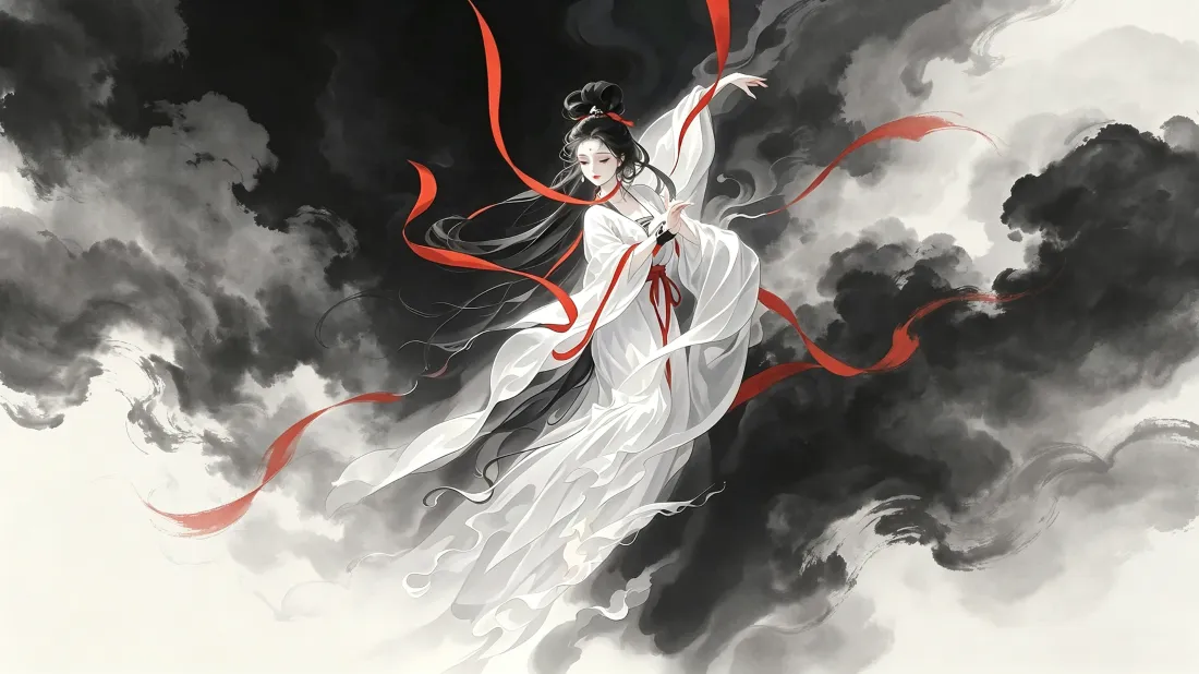 3k古风仙女壁纸｜水墨背景图片 - 白衣红绸云雾间起舞「哲风壁纸」