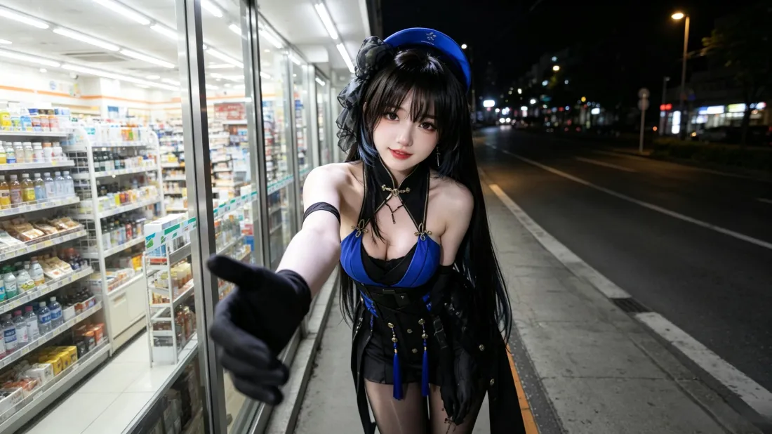 3k秧秧cos壁纸｜夜晚街道背景图片 - 便利店外蓝黑穿搭「哲风壁纸」