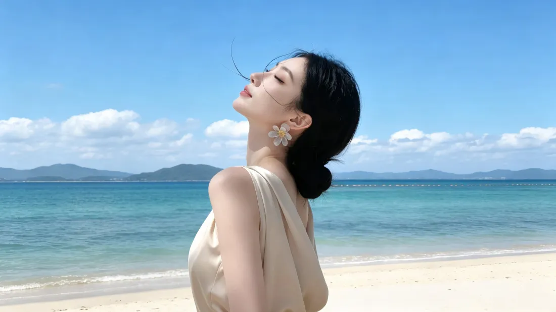 3k海边美女壁纸｜海滩蓝天背景图片 - 露背长裙氛围感「哲风壁纸」