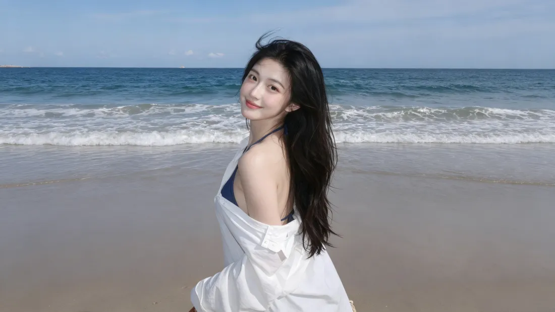 3k海边美女壁纸｜沙滩背景图片 - 白衬衫黑长直回眸「哲风壁纸」