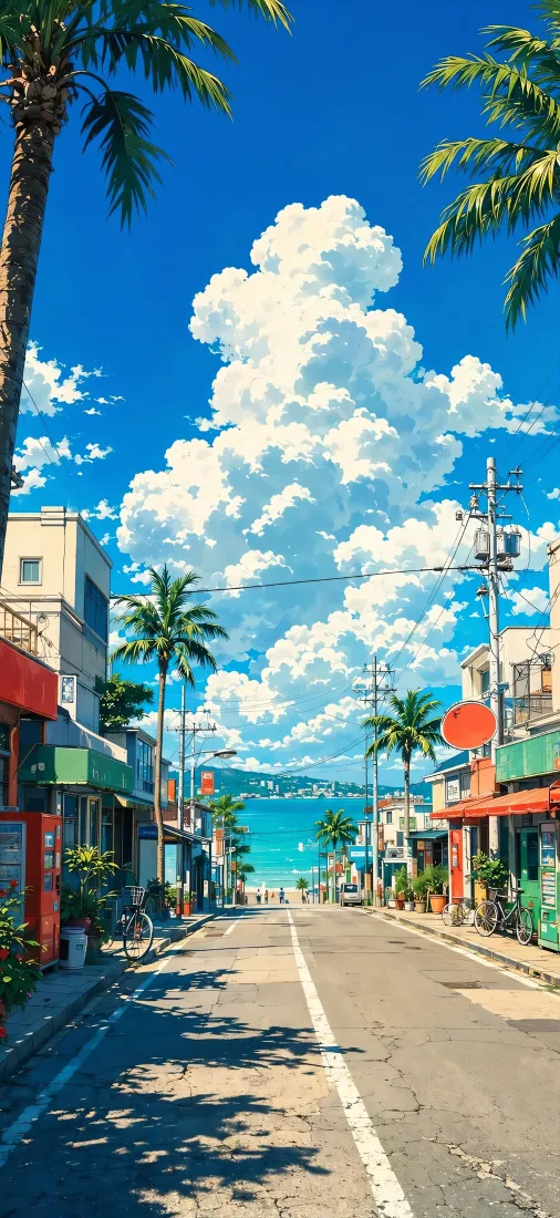 海滨街道｜夏日背景图片 - 日系动漫风椰林街景「哲风壁纸」