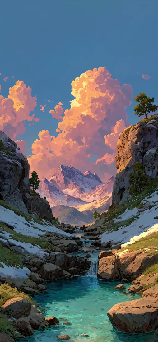 峡谷溪流手机壁纸｜黄昏晚霞背景图片 - 雪山碧水「哲风壁纸」